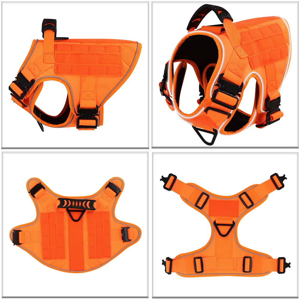 Reflective Orange Dog Harness with 4 Metal Buckles Military Tactical Pet Training Vest Collar Leash Molle Pouch for Large Dogs