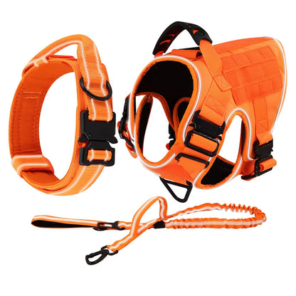 Reflective Orange Dog Harness with 4 Metal Buckles Military Tactical Pet Training Vest Collar Leash Molle Pouch for Large Dogs
