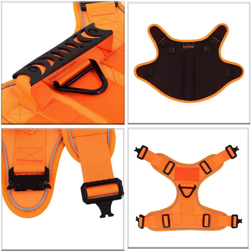 Reflective Orange Dog Harness with 4 Metal Buckles Military Tactical Pet Training Vest Collar Leash Molle Pouch for Large Dogs