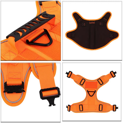 Reflective Orange Dog Harness with 4 Metal Buckles Military Tactical Pet Training Vest Collar Leash Molle Pouch for Large Dogs