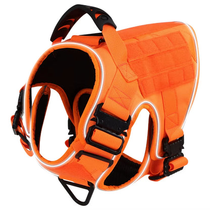Reflective Orange Dog Harness with 4 Metal Buckles Military Tactical Pet Training Vest Collar Leash Molle Pouch for Large Dogs
