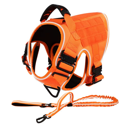 Reflective Orange Dog Harness with 4 Metal Buckles Military Tactical Pet Training Vest Collar Leash Molle Pouch for Large Dogs