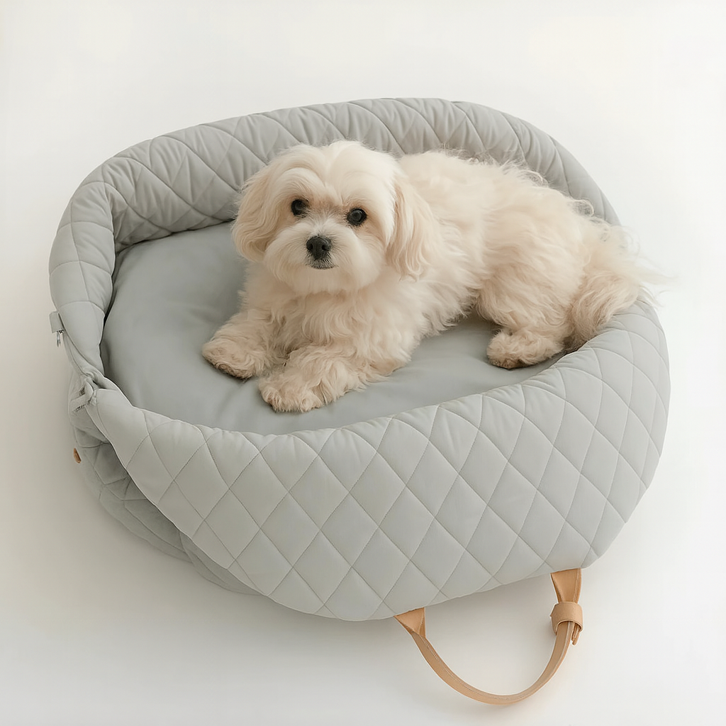 Luxury Quilted Dog Carrier Bag with a white bichon maltese