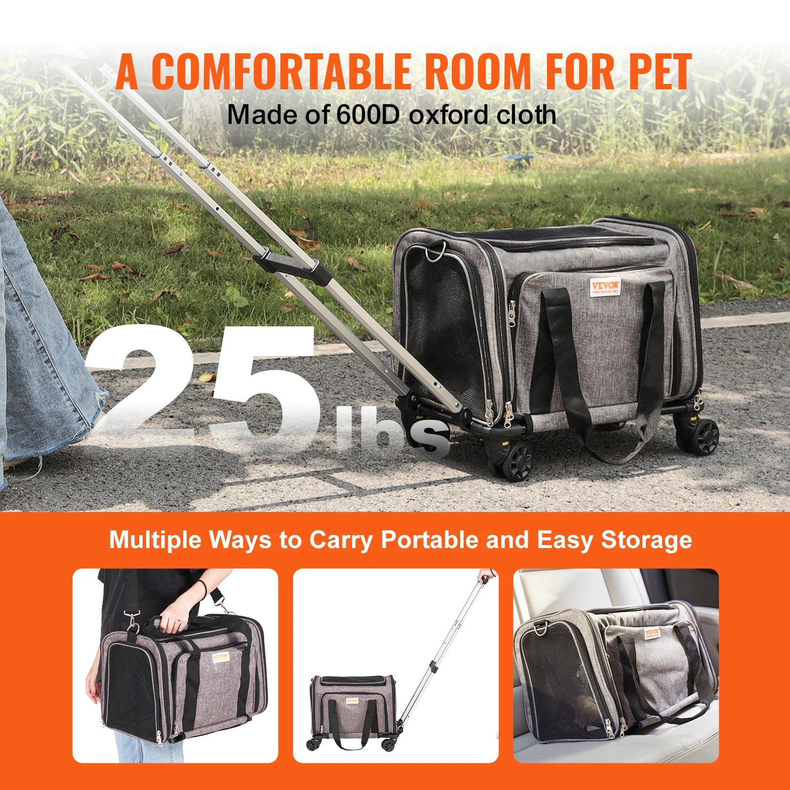 Succebuy Pet Cat Carrier Breathable Outgoing Dog Carry Backpack with Telescopic Handle Wheels and Shoulder Strap for Travel Trip