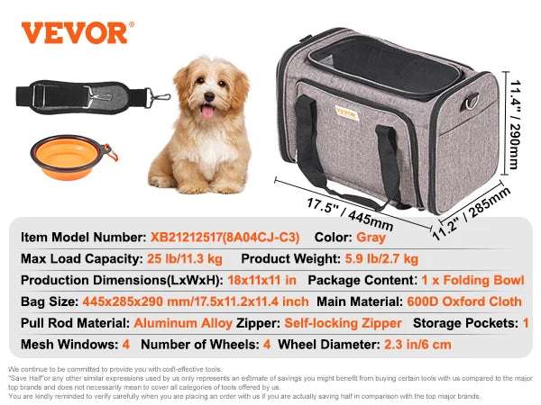 Succebuy Pet Cat Carrier Breathable Outgoing Dog Carry Backpack with Telescopic Handle Wheels and Shoulder Strap for Travel Trip