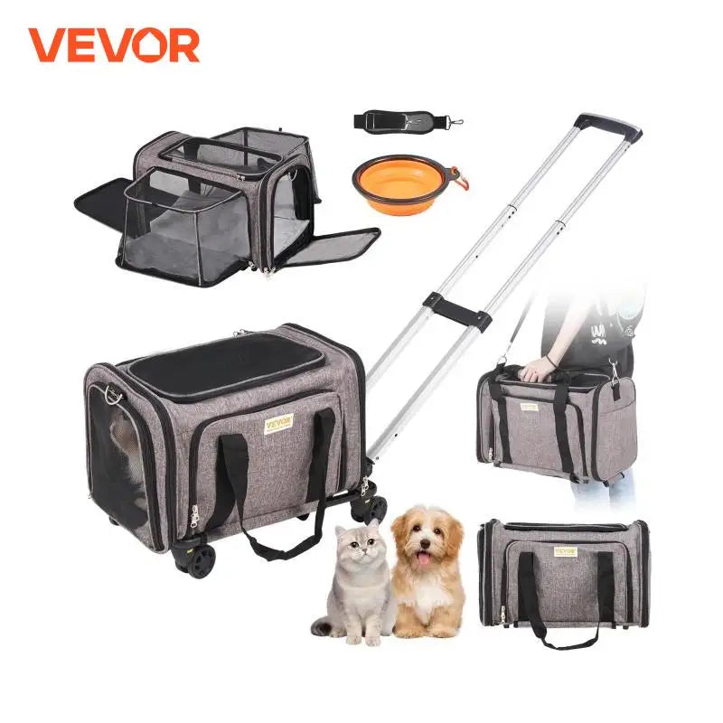 Succebuy Pet Cat Carrier Breathable Outgoing Dog Carry Backpack with Telescopic Handle Wheels and Shoulder Strap for Travel Trip
