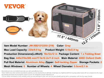 Succebuy Pet Cat Carrier Breathable Outgoing Dog Carry Backpack with Telescopic Handle Wheels and Shoulder Strap for Travel Trip