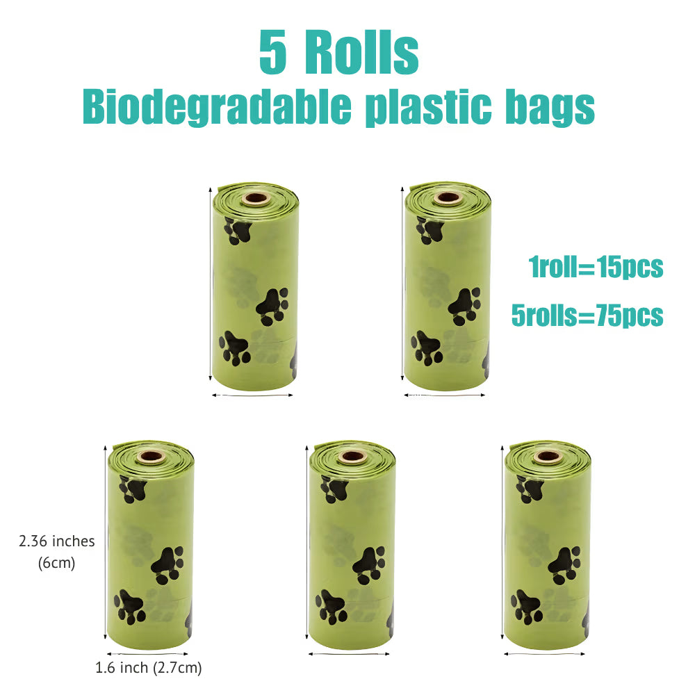 Five rolls of biodegradable plastic bags with paw prints