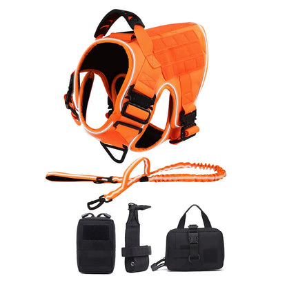 Reflective Orange Dog Harness with 4 Metal Buckles Military Tactical Pet Training Vest Collar Leash Molle Pouch for Large Dogs