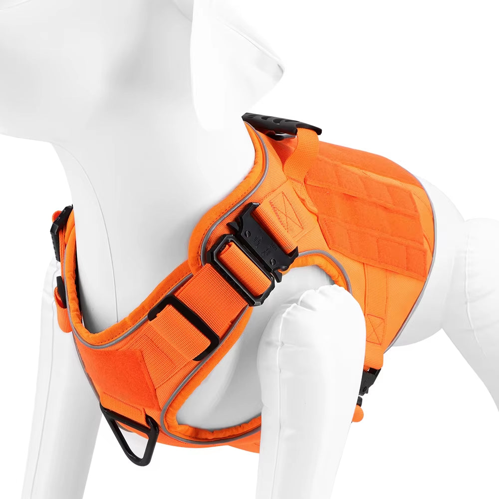 Reflective Orange Dog Harness with 4 Metal Buckles Military Tactical Pet Training Vest Collar Leash Molle Pouch for Large Dogs