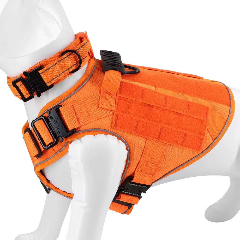 Reflective Orange Dog Harness with 4 Metal Buckles Military Tactical Pet Training Vest Collar Leash Molle Pouch for Large Dogs