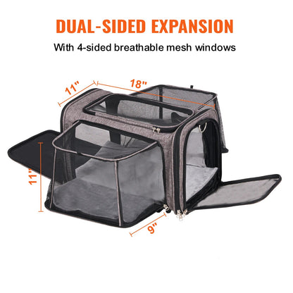 Pet carrier with dual-sided expansion and breathable mesh windows, showing dimensions.